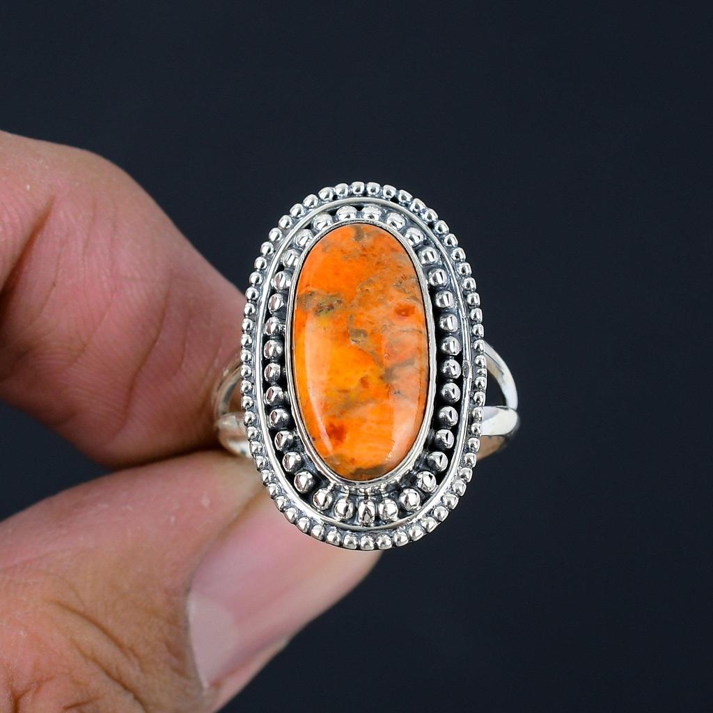 Orangefarbener Kupfer-Türkis-Edelstein-Ring aus massivem 925er-Sterlingsilber, ovaler Edelstein, handgefertigter Statement-Ring für Frauen und Mädchen