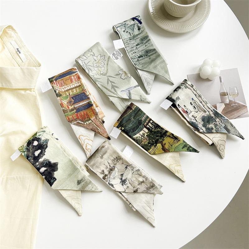 Spring silk scarf women's fashion versatile temperament scarf silk scarf small long streamer tied bag ribbon decoration