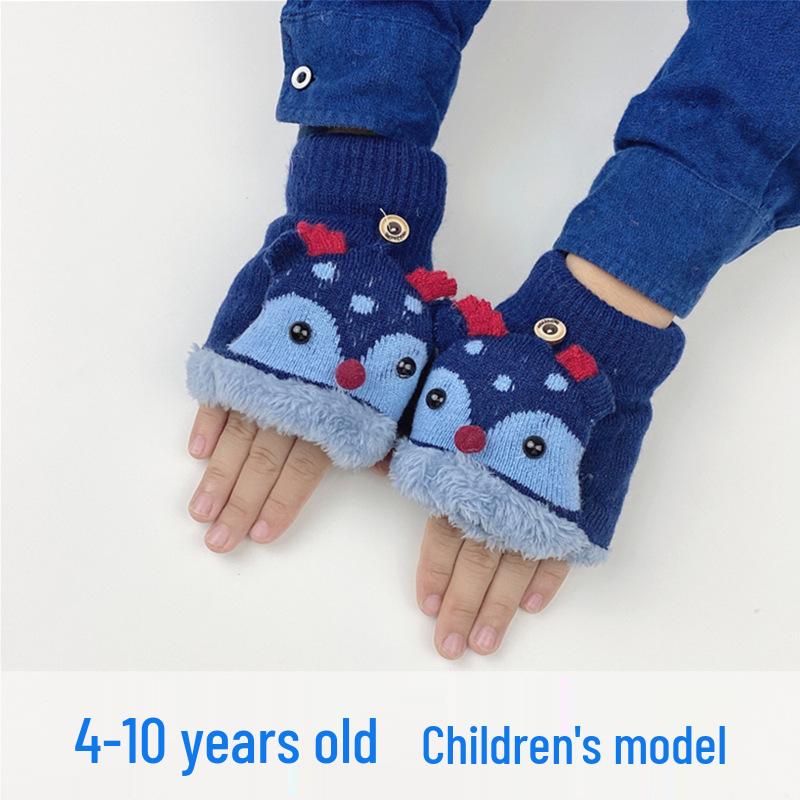 Children's Winter Cartoon Reindeer Flip-Top Half-Finger Gloves, Ages 4-10, Boys & Girls, Plus Velvet, Thick Cotton, Warm.