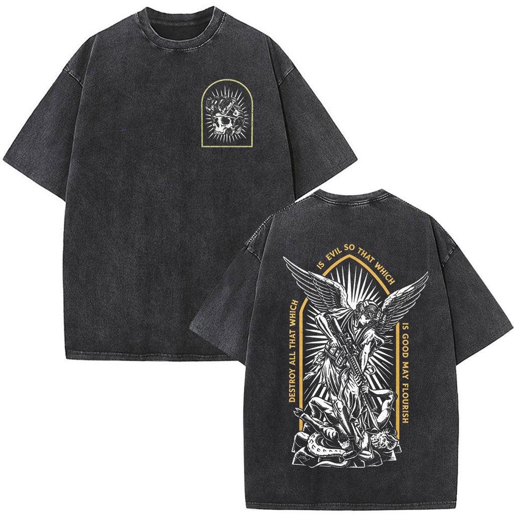 Saint Angel Skeleton Skull Washed Vintage T-shirt Men Women Fashion Military Oversized Casual Short Sleeves T Shirt Streetwear