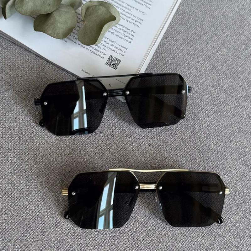 Protective Glasses 2Pcs Men Metal Square Sunglasses Men Half Frame Rice Nails Sun Glasses Casual Gradient Lens Eyeglasses Uv400