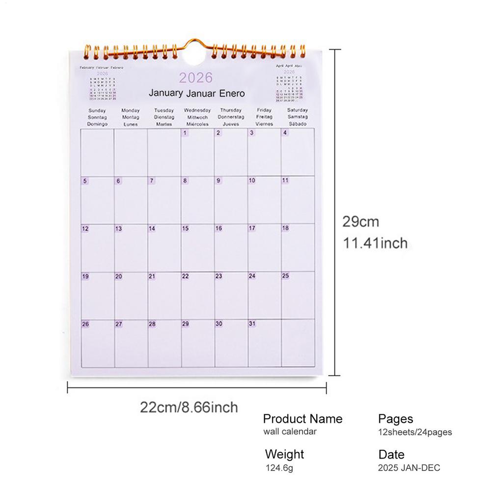 2026 Multilingual Wall Calendar 12 Month Coil Planner Modern Decorative Bedroom Dormitory Apartment School Workplace Supplies