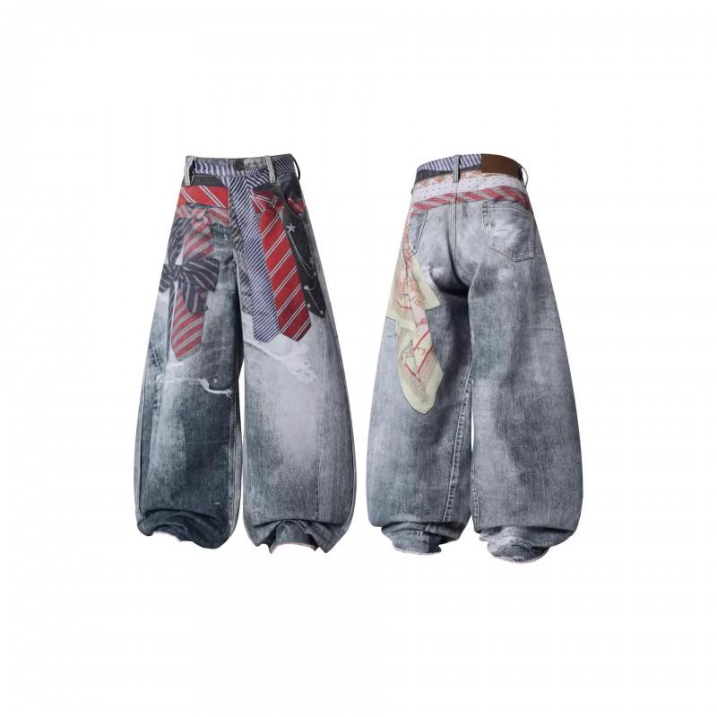Vintage Tie Print Wide Leg Jeans Retro Loose Straight Pants Teens