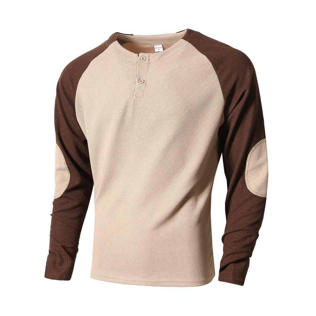 Men's Cross-Border Casual Raglan Sleeve Patchwork Round Neck Waffle Knit Sweatshirt for Spring/Autumn