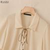 ZANZEA Women Casual Turn Down Collar Lace-up Loose Short Sleeve Blouse