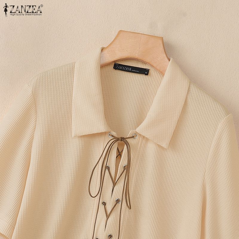 ZANZEA Women Casual Turn Down Collar Lace-up Loose Short Sleeve Blouse