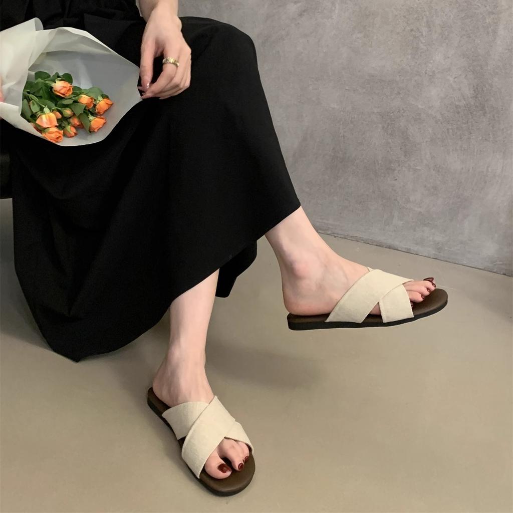 Cross-strapped linen slippers for women to wear summer new flat sandals retro casual vacation seaside beach shoes