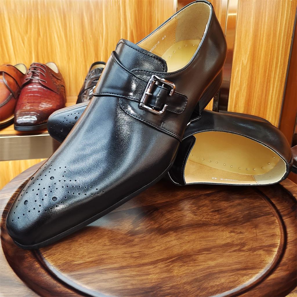 Elegant Black Men's Loafers Dress Formal Suit Shoes Breathable Leather Handmade Monk Style No Slip Adult Footwear