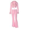 Women Solid Furry Long Sleeve Top Slim Flared Long Pants Two Piece Outfit