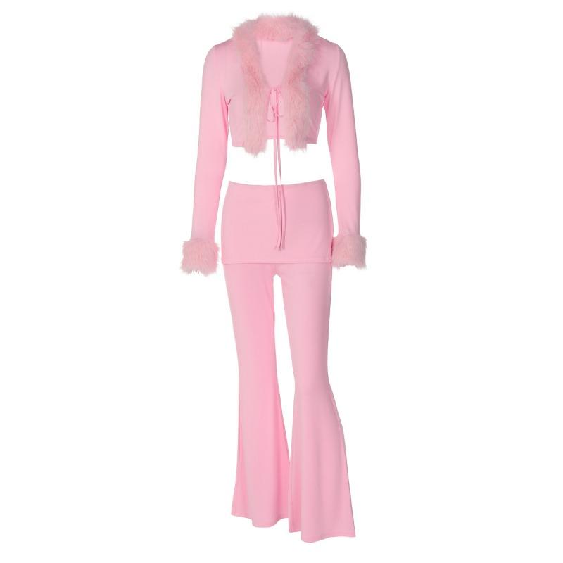 Women Solid Furry Long Sleeve Top Slim Flared Long Pants Two Piece Outfit