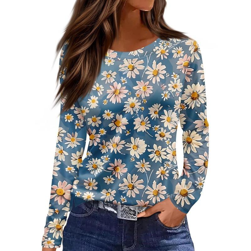 Women's Casual T-shirt 3D Floral Print Round Neck Retro Elegant Long Sleeves Women's Fashion Pullover Long Sleeve T-shirt Top