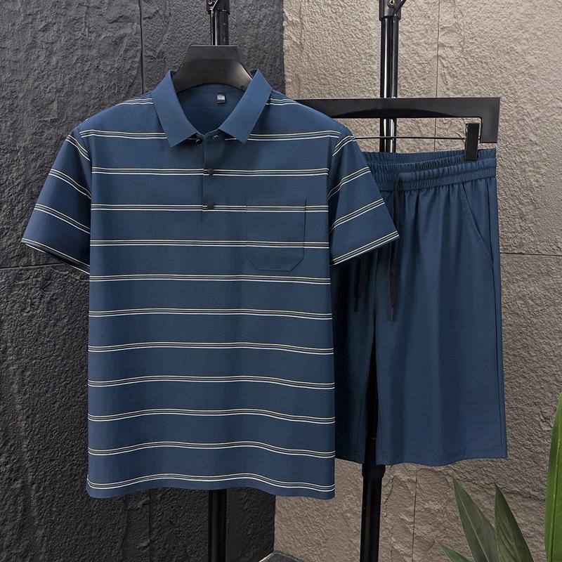 Men's High-End Summer Ice Silk Striped Polo and Shorts Set