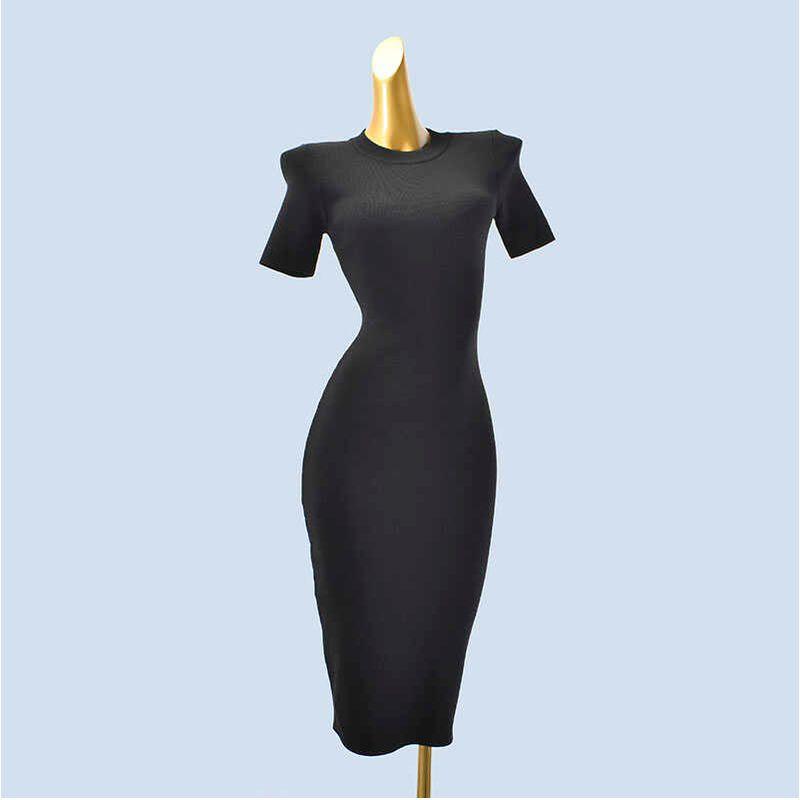 

Export Fashion Knitting S-Shaped round Neck Short Sleeve Sexy Silm Elegant Slimming Sheath Mid Length Long Length Inner Wear Dress Black M