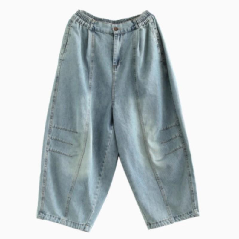 Johnature Woman Autumn Fashion Vintage Style Splicing Washing Loose Pants Korean Elasticated Waist Solid Color Pants