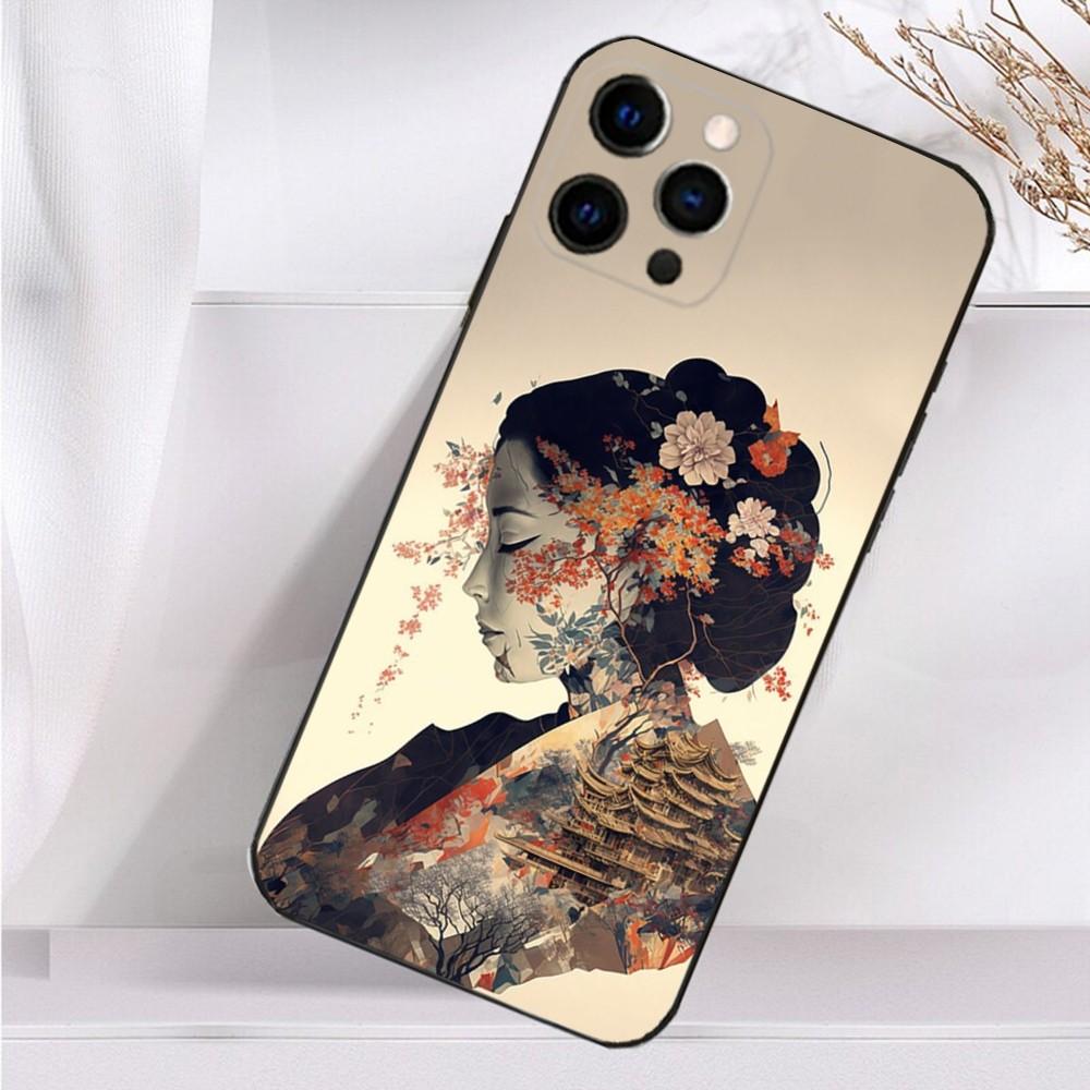 Japanese Geisha W-Woman Phone Case For iPhone 16,15,14,13,12,11 Plus,Pro Max,XS,X,XR,SE,Mini,8,7 Soft Silicone Black Cover