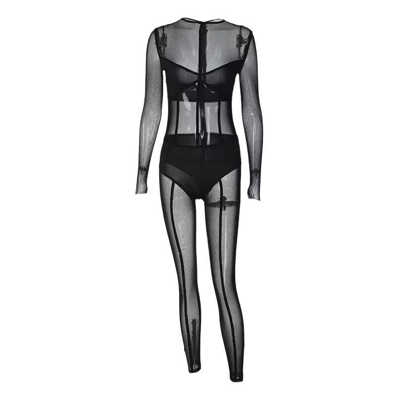 2024 Summer Sexy See-Through Mesh Jumpsuit - European & American Long-Sleeved Style