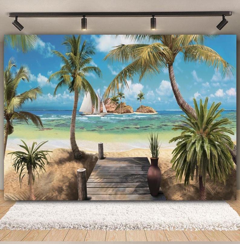 Tropischer Strand Hintergrund für Fotografie Sommer Hawaii Blaues Ozeanwasser Meeresufer Palme Kinder Feiertagsparty Foto Hintergrund Dekoration