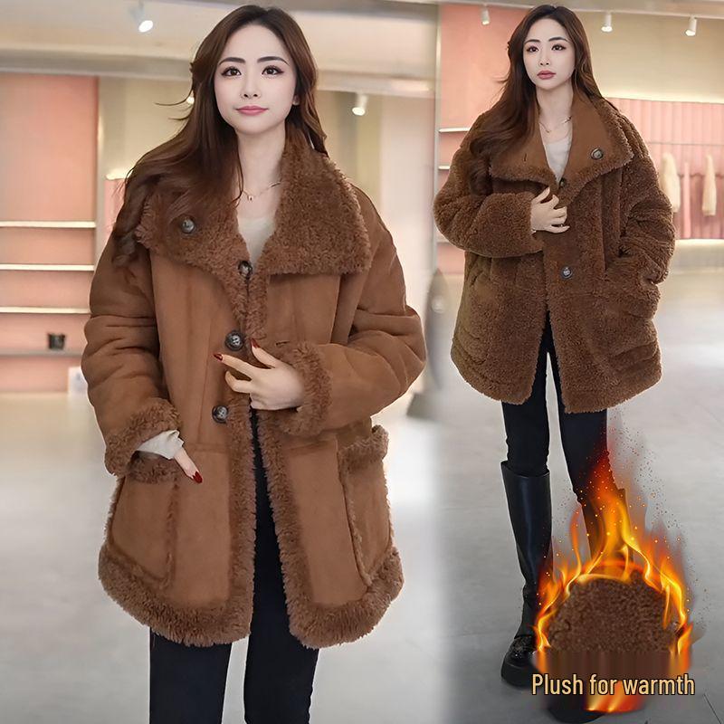 Autumn/Winter 2025 Women's Mid-Length Fleece-Lined Lambswool Reversible Fur Coat