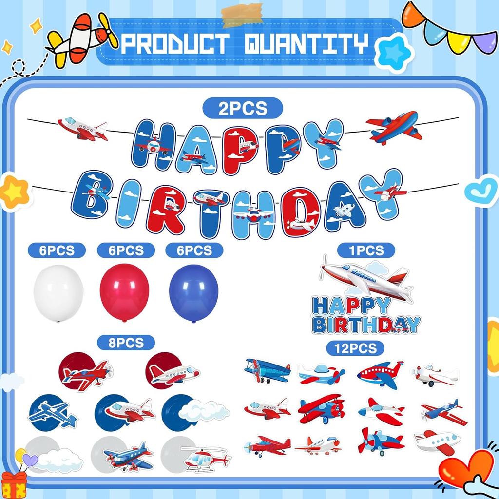 Airplane Birthday Party Decorations - 49PCS Airplane Themed Party Decorations with Banners Balloons Cupcake Toppers Hanging Swirls Plane Birthday