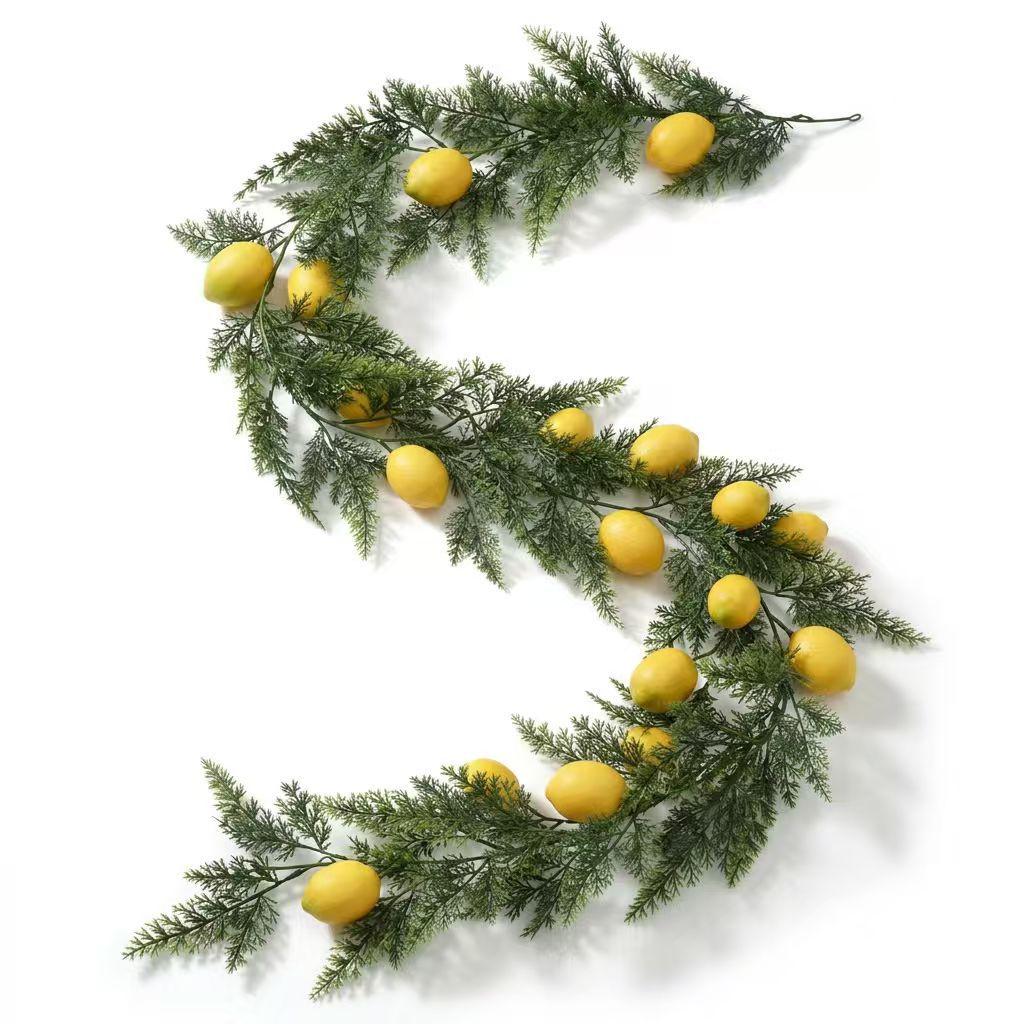 Artificial Cedar Lemon Garland 5.74Ft 175cm Realistic PVC Fabric Green Foliage with Yellow Lemons Indoor Decor