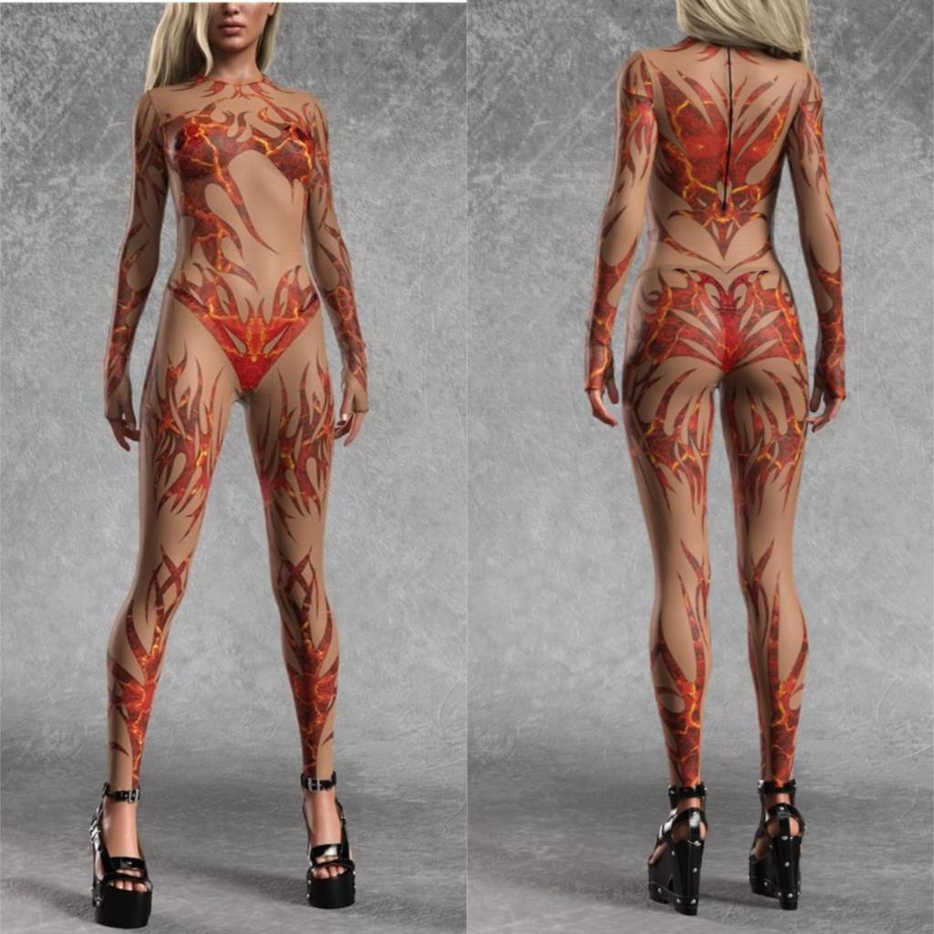 Damen Hautkörper Bemalte Sexy Strumpfhosen Erwachsene 3D Digitales Feuerdruck Halloween Party Tanz Verkleidung Outfit Jumpsuit