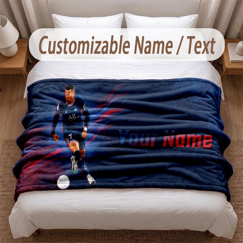 Kylian Mbappe Printed Flannel Blanket Custom Name Text Soft Warm Throw For Bedroom Holiday Gift