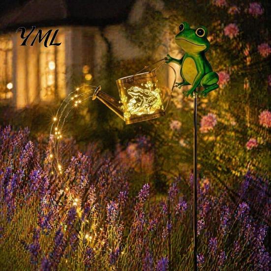 Modern Outdoor Lighting Fixtures Solar Frog Garden Stake Light, Watering Can Shadow Projection Lamp with Path Decorations for Yard Waterfall