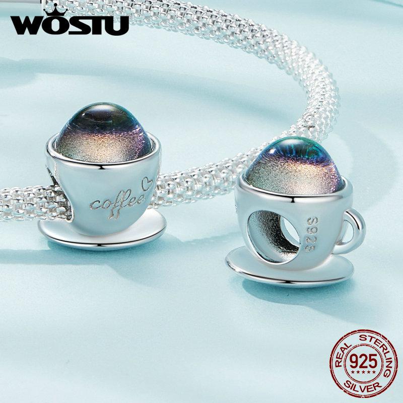 WOSTU 925 Sterling Silver Glittering Glass Coffee Cup Bead Charms for Women Original Necklace Bracelet