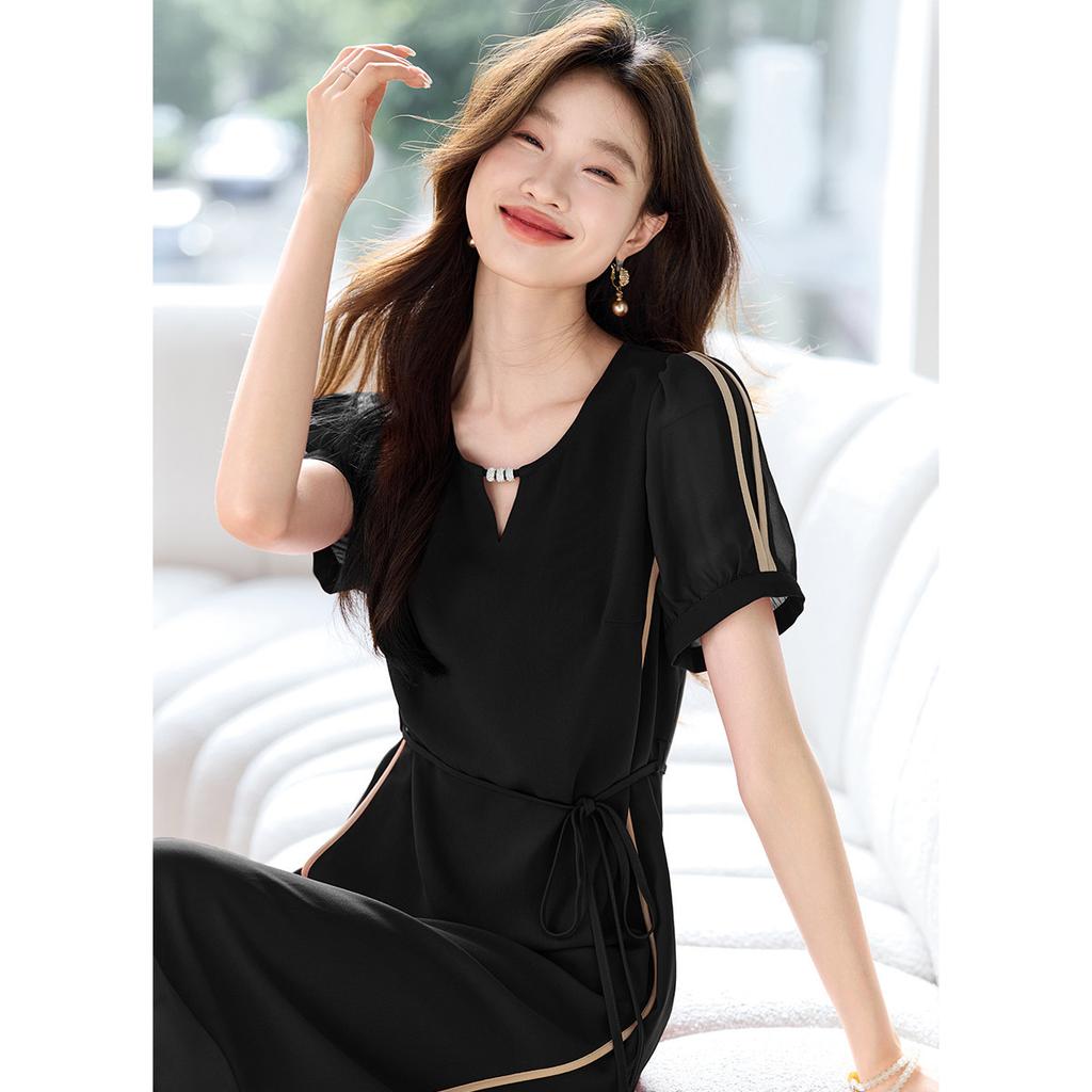 Elegant and sophisticated summer new contrasting color waist slimming short sleeved casual western-style mid length dress mid length skirt