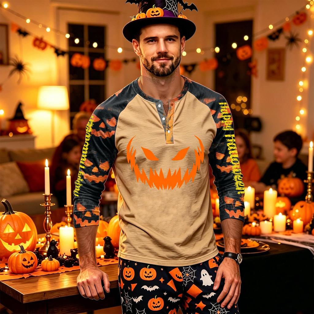 Men's Long Sleeve Shirt with Halloween Print for Holiday Parties and Casual Wear