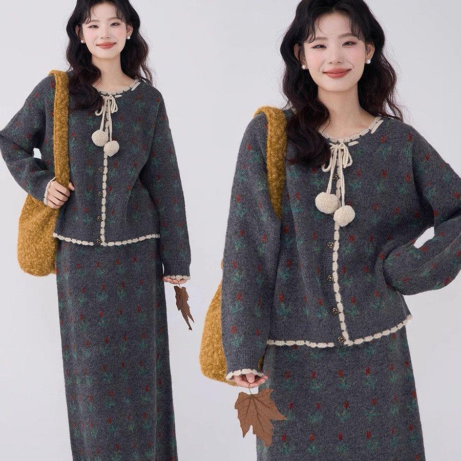 

Корейский ретро трикотажный свитер и юбка для студенток - Модная весенне-осенне-зимняя одежда. S (recommended for 40-50kg) серый