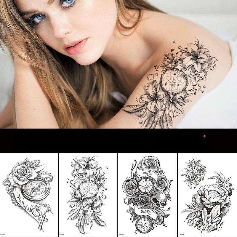 Flower Arm Tattoo Sticker, Half Arm Waterproof Tattoo Sticker, Sketch Line Tattoo Sticker Tattoo