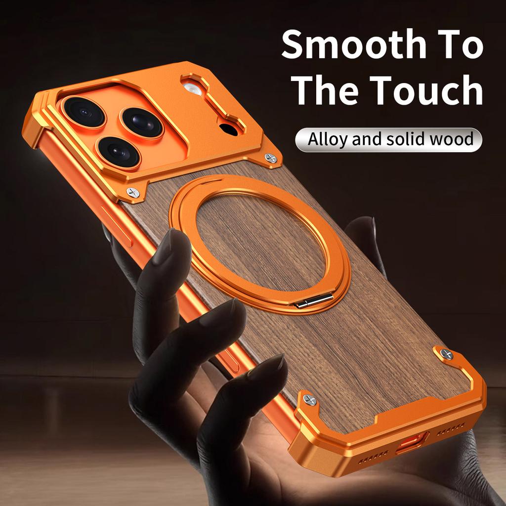 Luxury Metal Alloy Frame Wood Frameless Phone Case For iPhone 17 pro max 16 15 Pro Max Magsafe Magnet 360 Rotating Bracket Cover