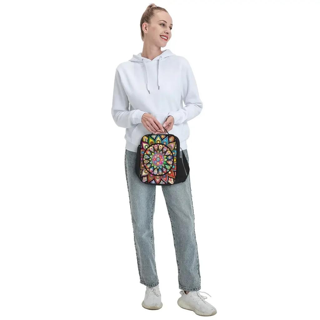 Colorful Lotus Mandala Insulated Lunch Bags for School Office Buddhism Flower Leakproof Thermal Cooler Lunch Box Women Kids