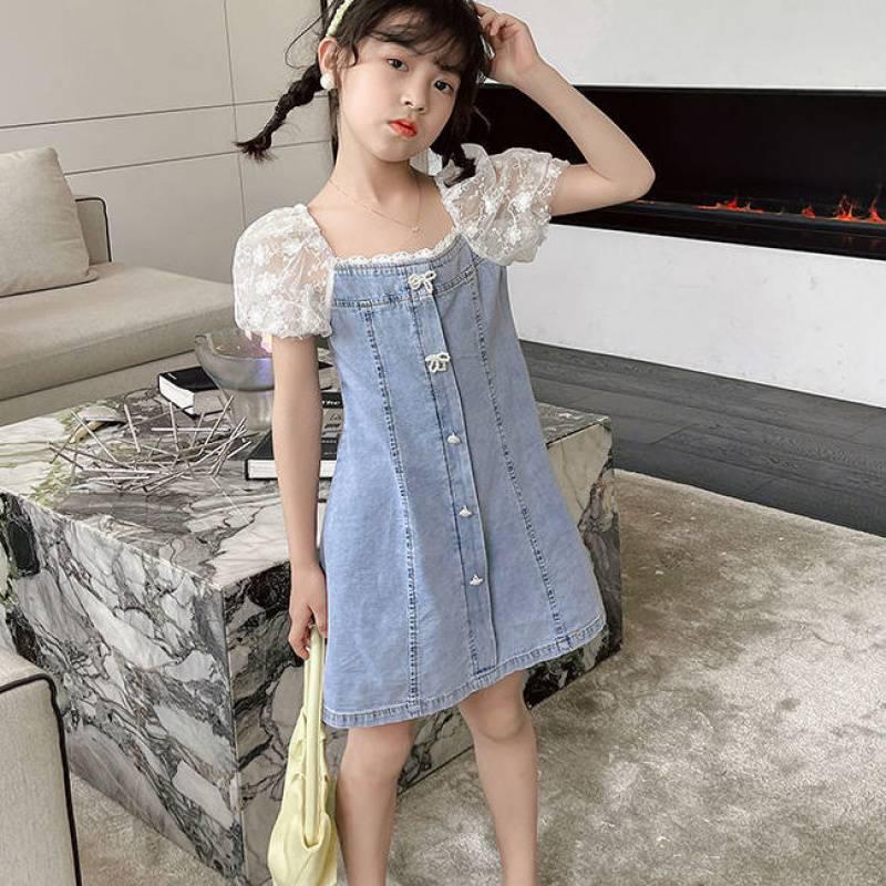 

Летнее кружевное платье принцессы из денима с пышными рукавами для девочек, 2022 110 cm