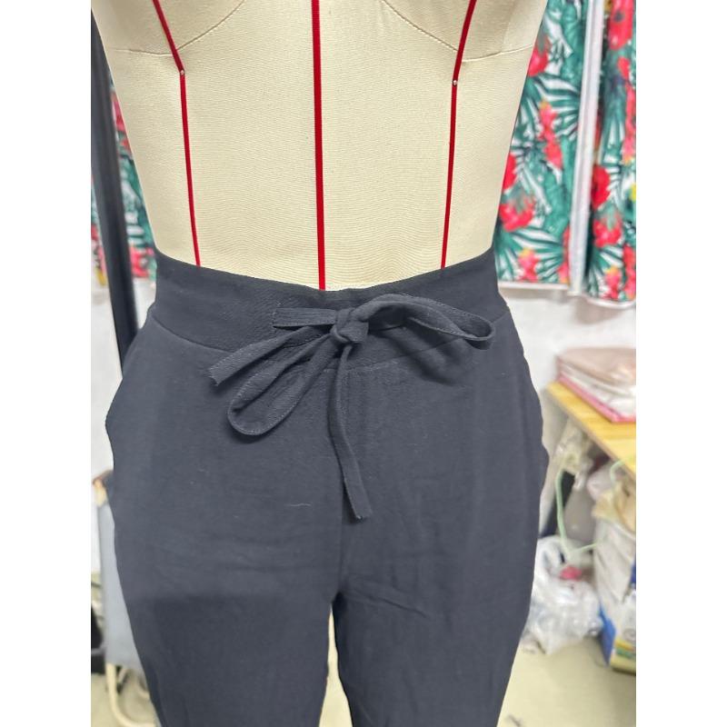 Neformální jednobarevné bavlněno-lněné malé nohavice se stahovací šňůrkou a elastickým pasem, dámské dlouhé kalhoty