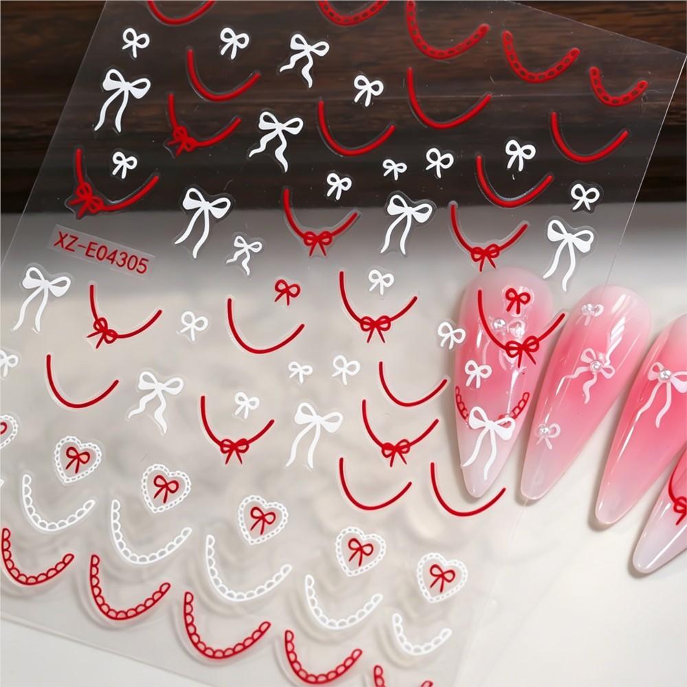 6pcs 3D Red White Bow Ribbon Nail Stickers Cute Polka Bowknot Dot French Lines Nail Decals 8*10cm Self-adhesive Bow Nail Decora