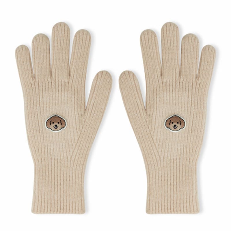 SNOOZY Embroidered Wappen Knit Fingerhole Gloves - Brown Poodle