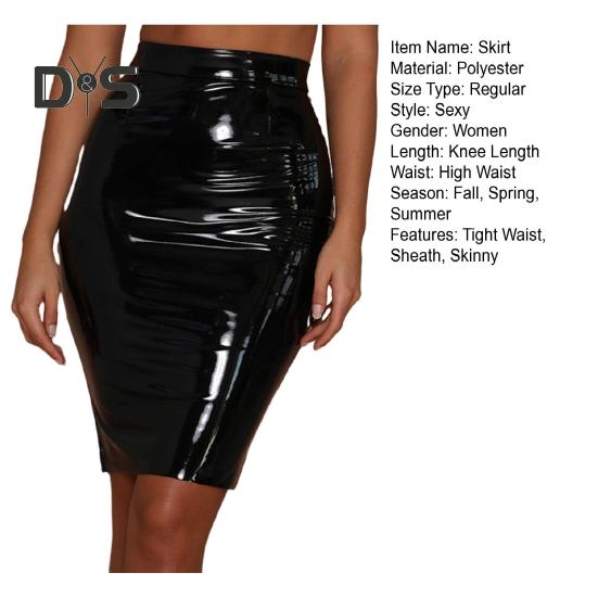 Damen-Clubrock, Kunstleder, dünn, Etui, hohe Taille, Reißverschluss, einfarbig, glänzende Oberfläche, schmale Passform, knielang, Damen-Party-Dating-Rock