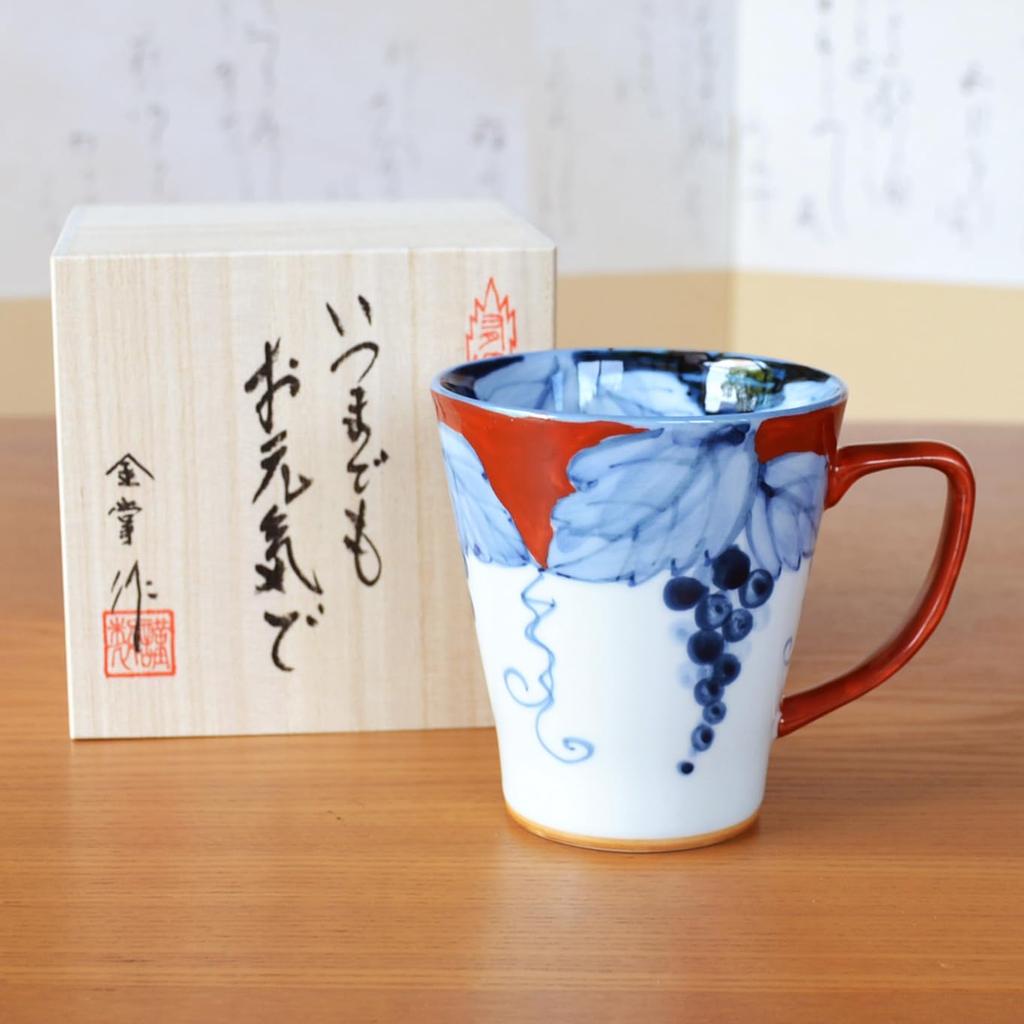 Arita ware microwave-safe mug with gift tag and message card, New Fuchino Grape Red, in a wooden box. Perfect for celebrating 90th birthdays.