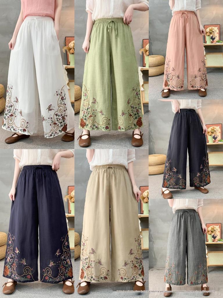 2026 Spring Women's Linen Embroidered Pants - Elastic Waist, Straight Leg, Casual and Versatile.