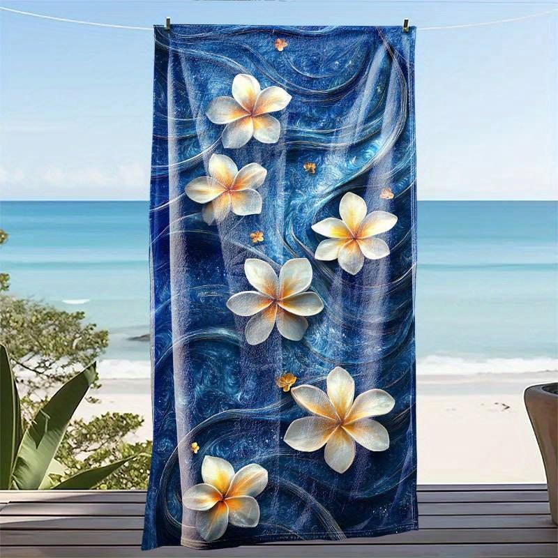 1pc Quick-Dry Microfiber Beach Towel - Super Soft, Large Blue Waves & White Flowers Design,Multi-Use for Swim,Contemporary Style