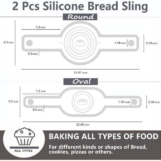 2Pcs Silicone Bread Sling Oval And Round For Dutch Oven, Non-Stick Easy-Clean Reble Silicone Baking Mat With Long Handles Sourdough Bread Baking Mat
