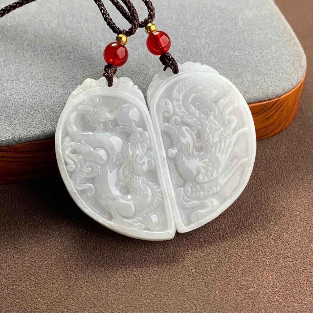 A-Grade Heart-Shaped Dragon & Phoenix Jade Pendant Pair - Ideal for Valentine's, Qixi, Engagement, or Wedding Gift