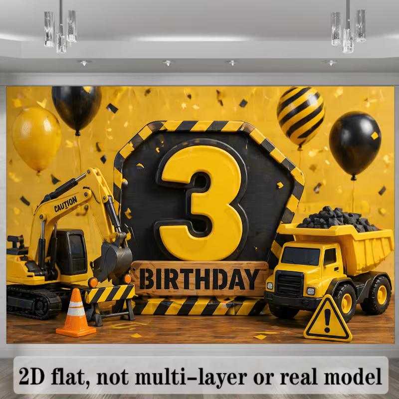 Sfondo 2D Escavatore Camion Ribaltabile 3° Compleanno, Tessuto per Sfondo Fotografico Tema Costruzioni