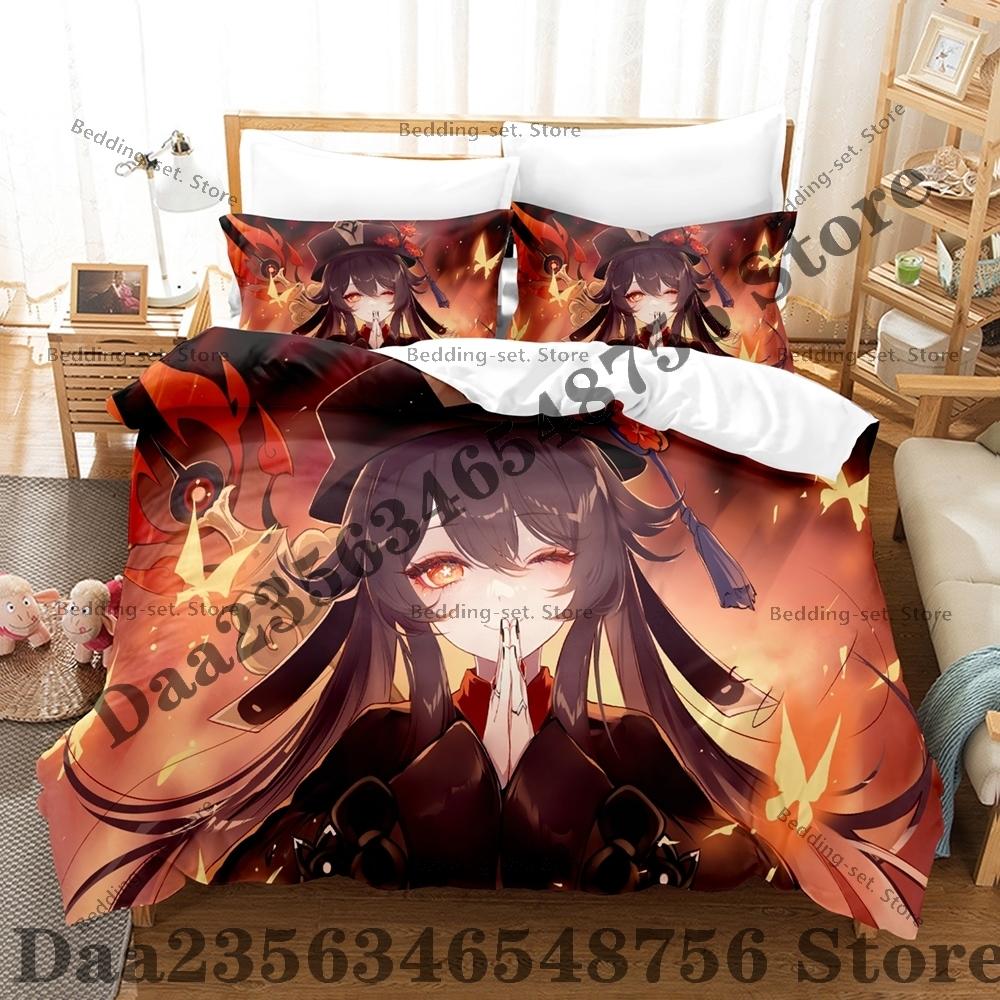 Personality Anime Hu Tao Bedding Set AniThree Piece Bedding Set - Luxury Comforter Set with Queen King Size Including pillowcase