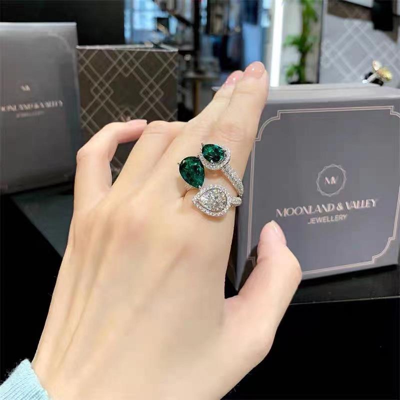 Emerald Peacock Green Zircon Diamond Adjustable Ring for Women - Sparkling Luxury Aesthetic Adjustable Open