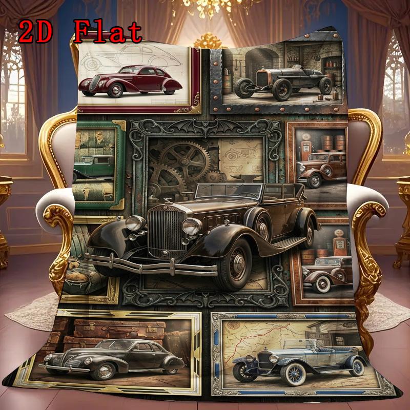 Vintage Car Art Rug 2D Flat Pattern Flannel Blanket, High Quality All Seasons, Home Decor, Warmth and Comfort, Perfect for Christmas Gifts.