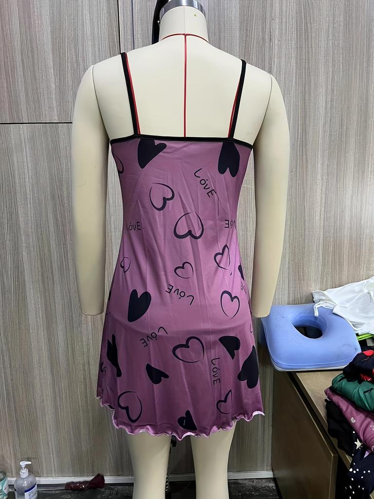 European Summer Strappy Heart Print Short Skirt Nightgown Dress