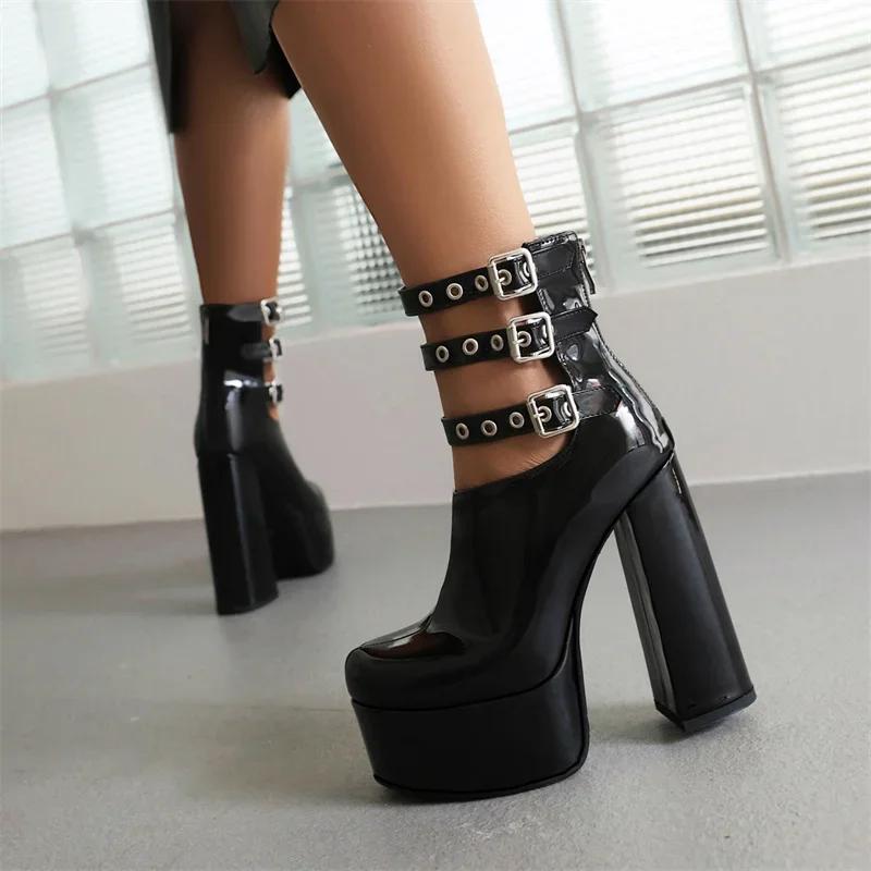 Gladiator Woman Platform Ankle Boots Triple Ankle Strap High Chunky Heel Fashion Red Patent Leather Punk Lady Zipper Short Boots